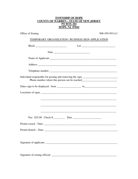 First page of the Temporary Organization/Business Sign Application
