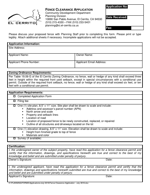 First page of the Fence Clearance Application