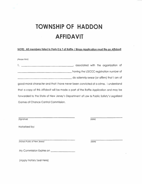 First page of the Bingo and Raffle Affidavit