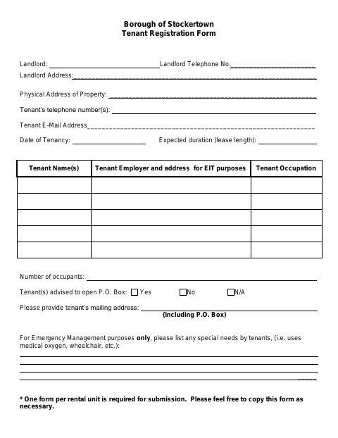 First page of the Tenant Registration Form