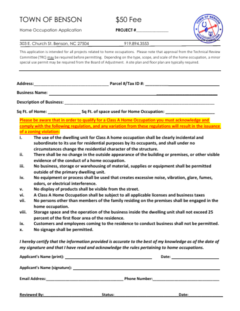 First page of the Home Occupation Application