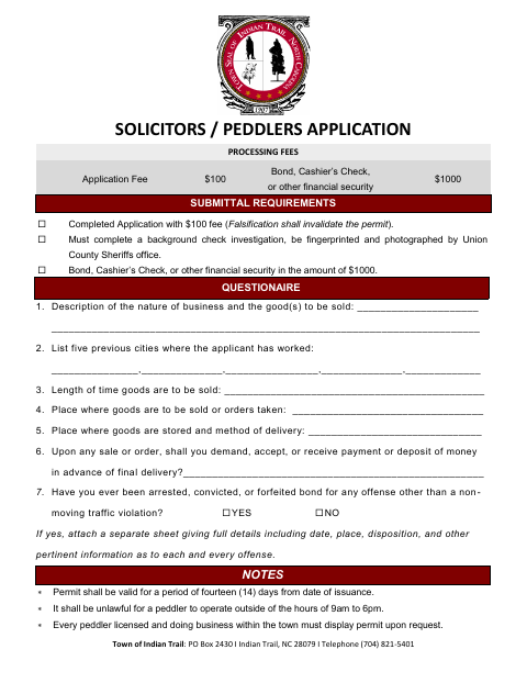 First page of the Solicitors/Peddlers Application