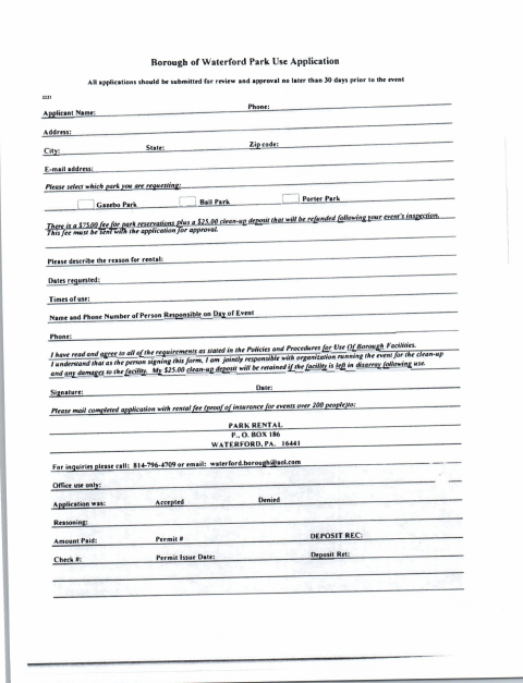 First page of the Borough of Waterford Park Use Application