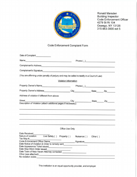 First page of the Code Enforcement Complaint Form