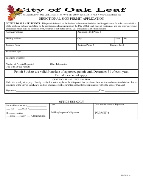 First page of the Directional Sign Permit Application