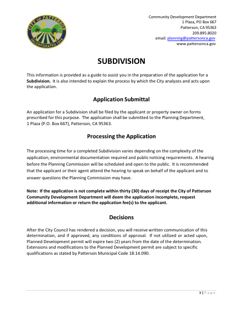First page of the Subdivision Application