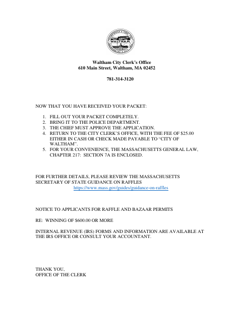 First page of the Raffle and Bazaar Permit Application and Information Packet