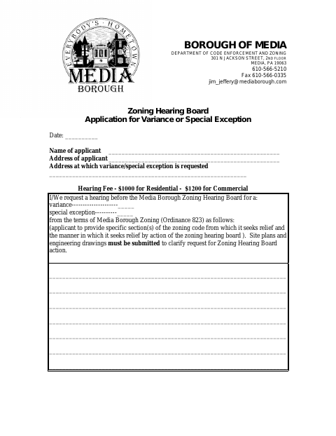 First page of the Zoning Hearing Board Application for Variance or Special Exception
