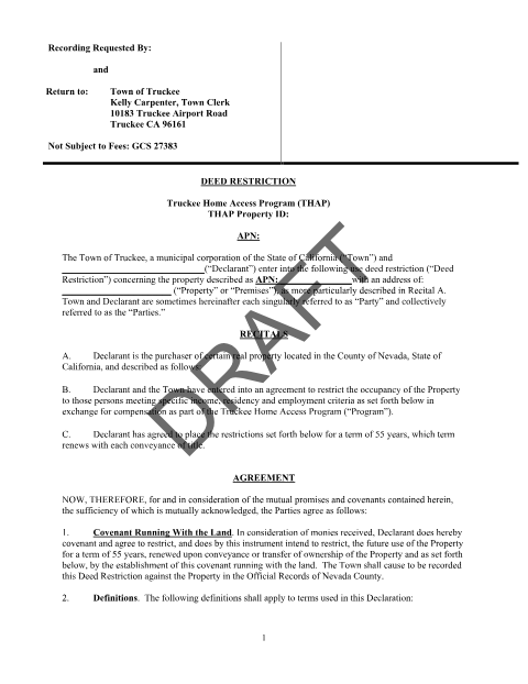 First page of the THAP Deed Restriction
