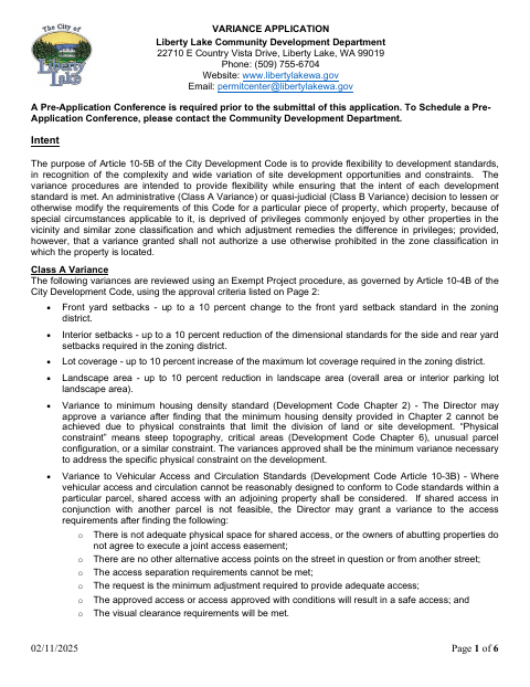 First page of the Variance Application