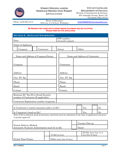 First page of the Street Opening and/or Sidewalk Obstruction Permit Application