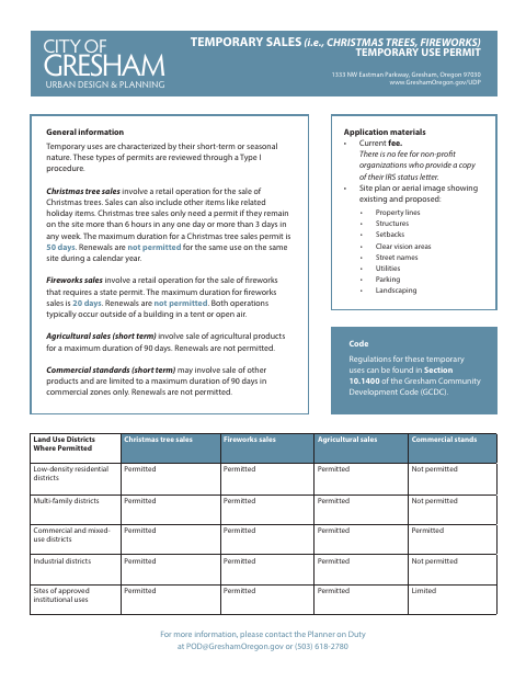 First page of the Temporary Sales Temporary Use Permit