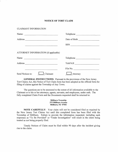 First page of the Notice of Tort Claim Form