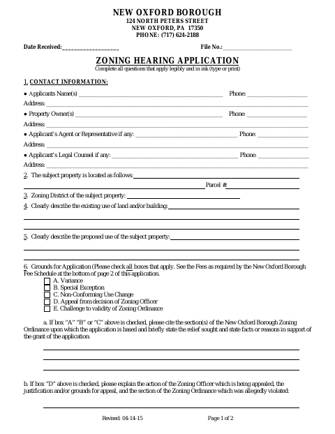 First page of the Zoning Hearing Board Application