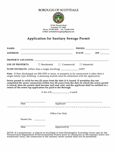 First page of the Sanitary Sewer Permit Application