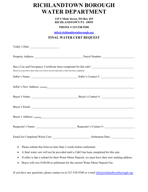 First page of the Final Water Certificate Request