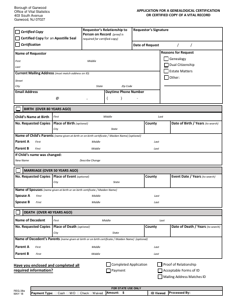First page of the Application for Genealogical Certification or Certified Copy of a Vital Record