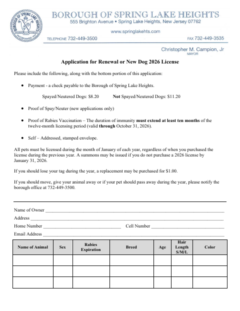 First page of the Dog License Application 2026