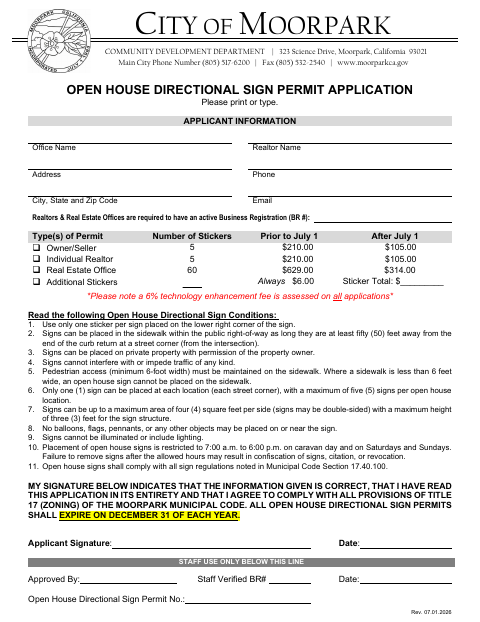 First page of the Open House Directional Sign Permit Application