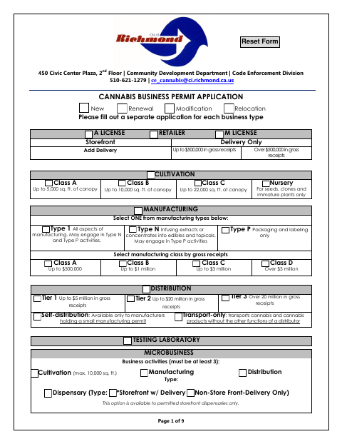 First page of the Cannabis Business Permit Application