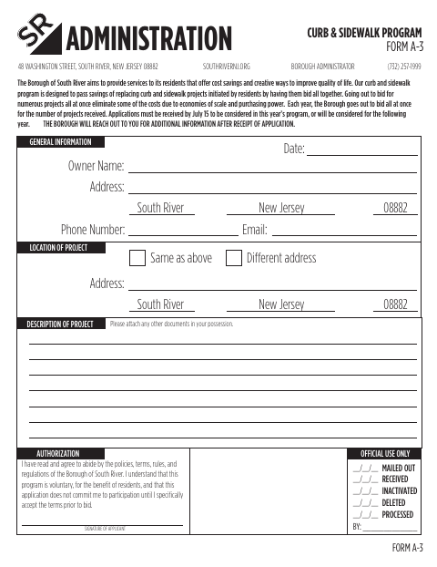 First page of the Curb & Sidewalk Program Application