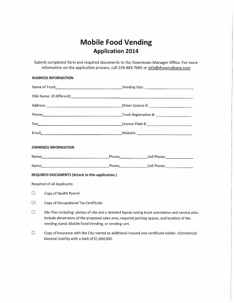 First page of the Mobile Food Vending Application