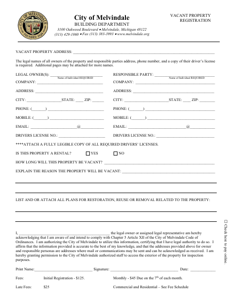 First page of the Vacant Property Registration