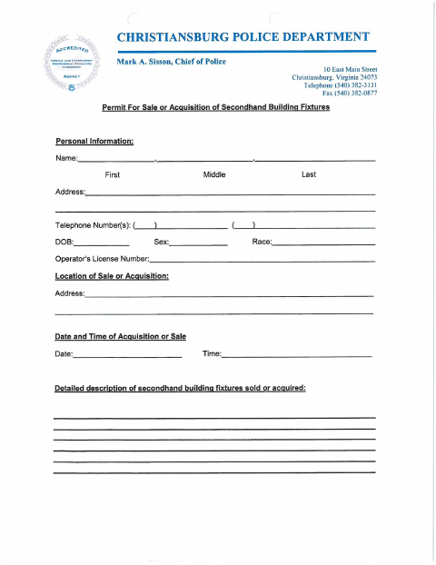 First page of the Permit for Sale or Acquisition of Secondhand Building Fixtures