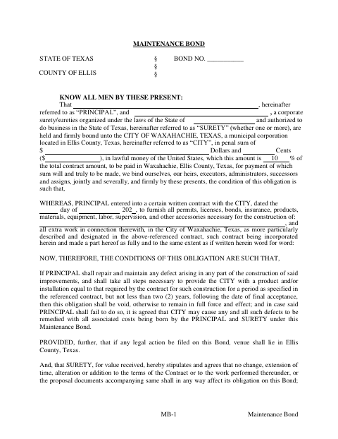 First page of the Maintenance Bond