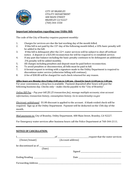 First page of the Water Service Cancellation Form