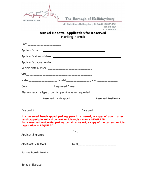 First page of the Annual Renewal Application for Reserved Parking Permit