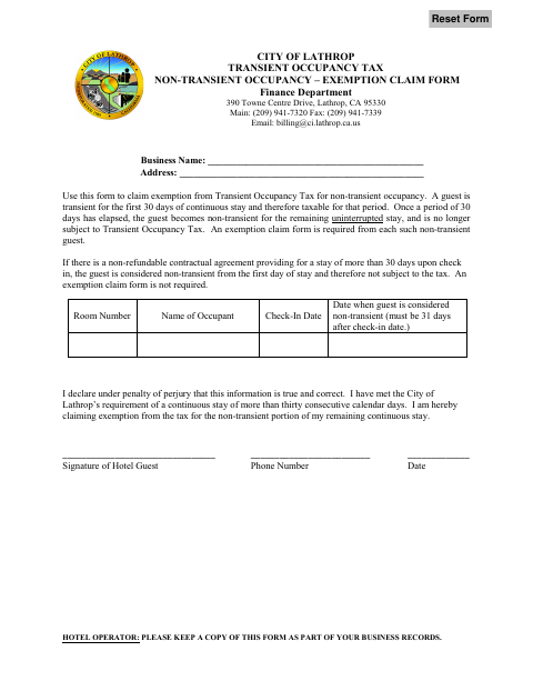 First page of the Non-Transient Occupancy Exemption Claim Form
