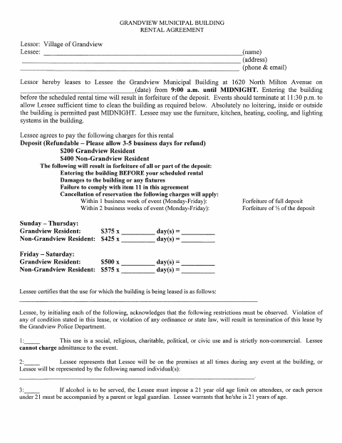 First page of the Municipal Building Rental Agreement – Midnight End Time