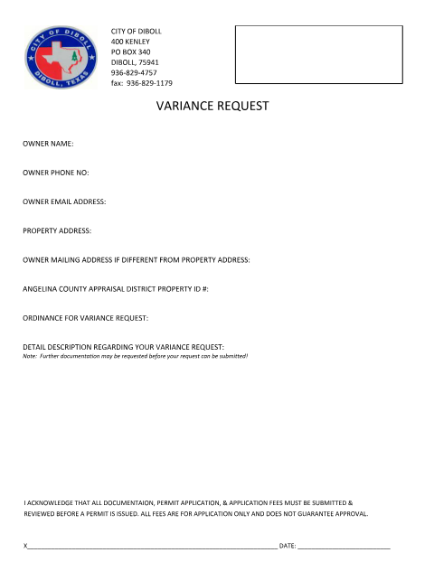 First page of the Variance Request Form
