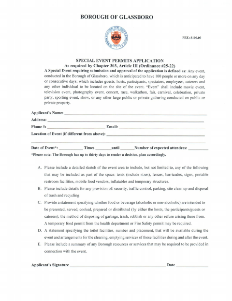 First page of the Special Event Permits Application