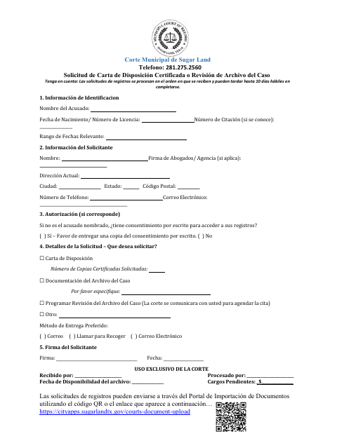 First page of the Solicitud de Carta de Disposición Certificada o Revisión de Archivo del Caso