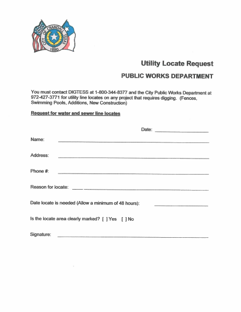 First page of the Utility Locate Request