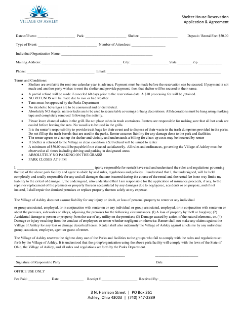 First page of the Shelter House Reservation Application & Agreement