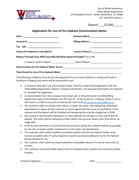 First page of the Application for Use of Fire Hydrant (Construction) Meter