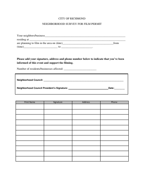 First page of the Neighborhood Survey for Film Permit