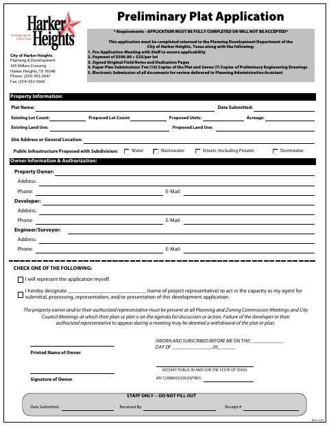 First page of the Preliminary Plat Application