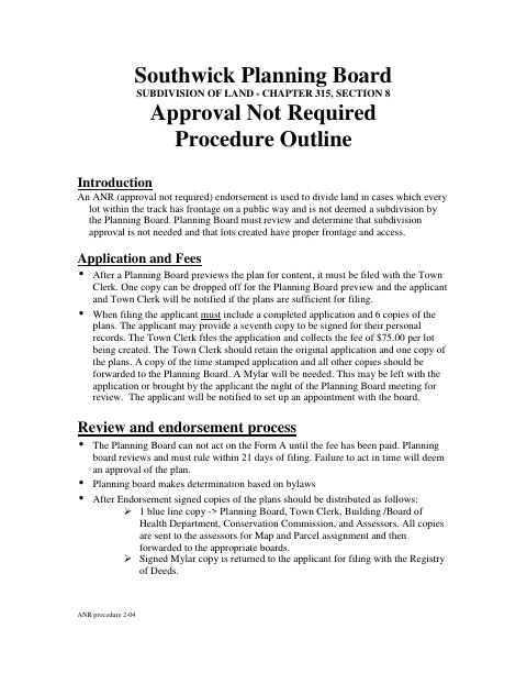 First page of the Approval Not Required ANR Application