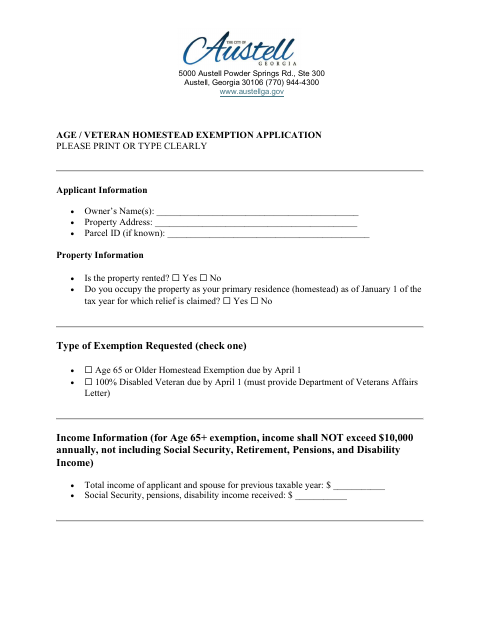 First page of the Age and Veteran Homestead Exemption Application