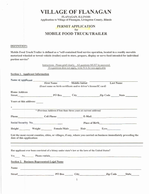 First page of the Mobile Food Truck/Trailer Permit Application