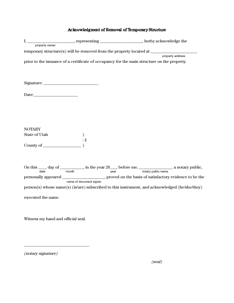 First page of the Acknowledgment of Removal of Temporary Structure