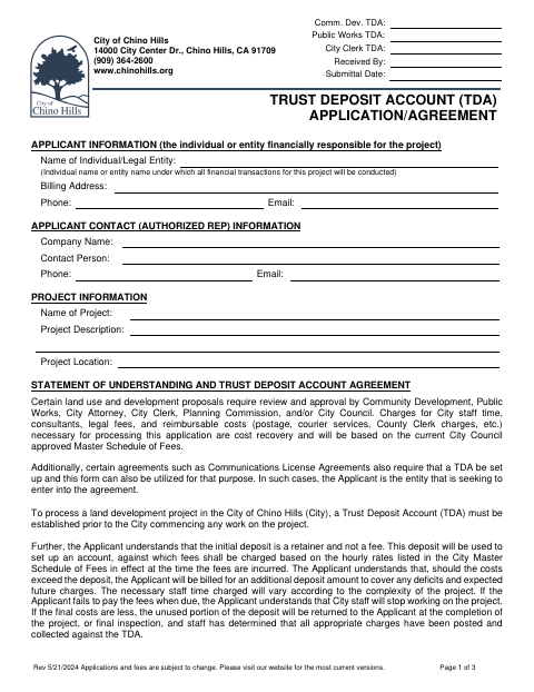 First page of the Trust Deposit Account Application & Agreement