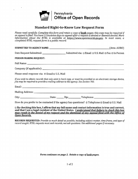 First page of the Standard Right-to-Know Law Request Form