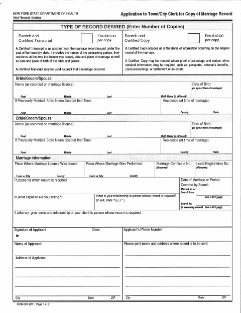 First page of the Copy of Marriage Record Application