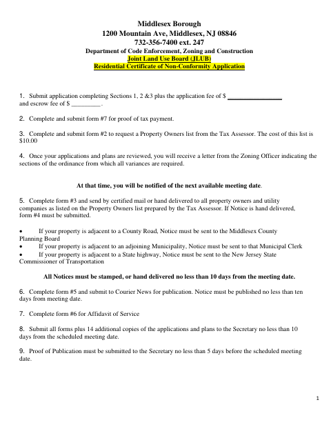 First page of the Residential Certificate of Non-Conformity Application