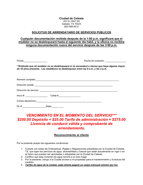 First page of the Renter Utility Service Application